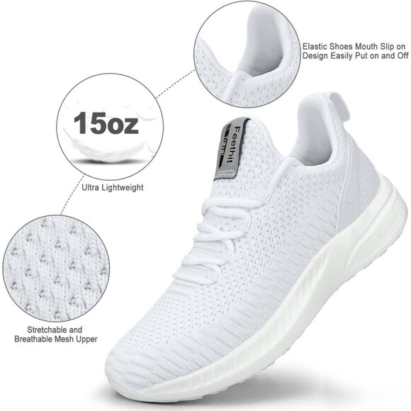 Men's All White Non Slip Lightweight Workout Breathable Mesh Fashion Sneakers - Picture 4 of 6